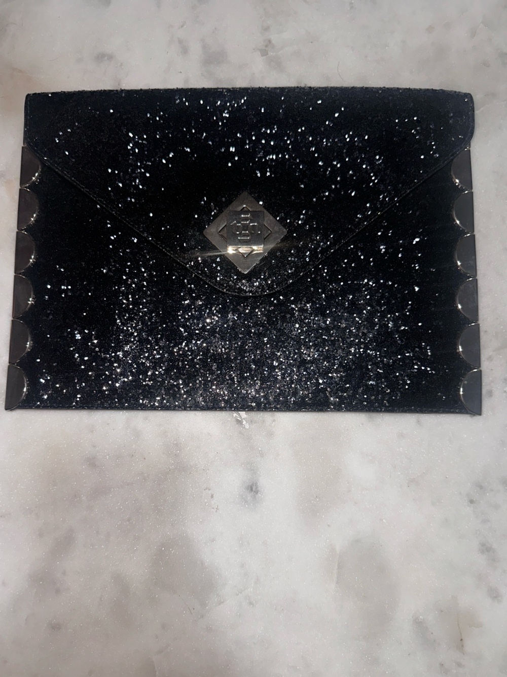 Ted Baker London Black Glitter Envelope Clutch with Silver Accents